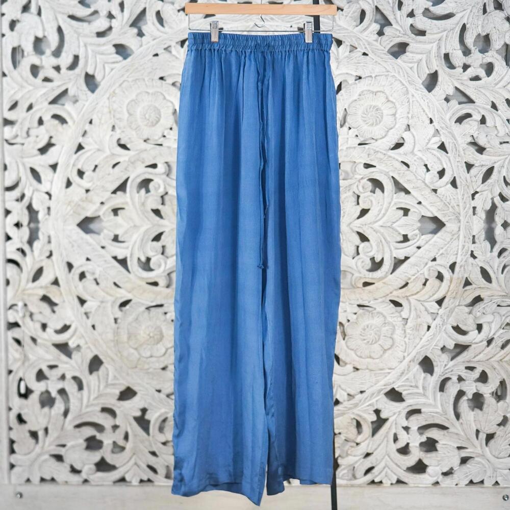 NWT VTG Jacqueline Ferrar Blue 100% Silk Wide Leg Pants Women’s Crinkled 43” L